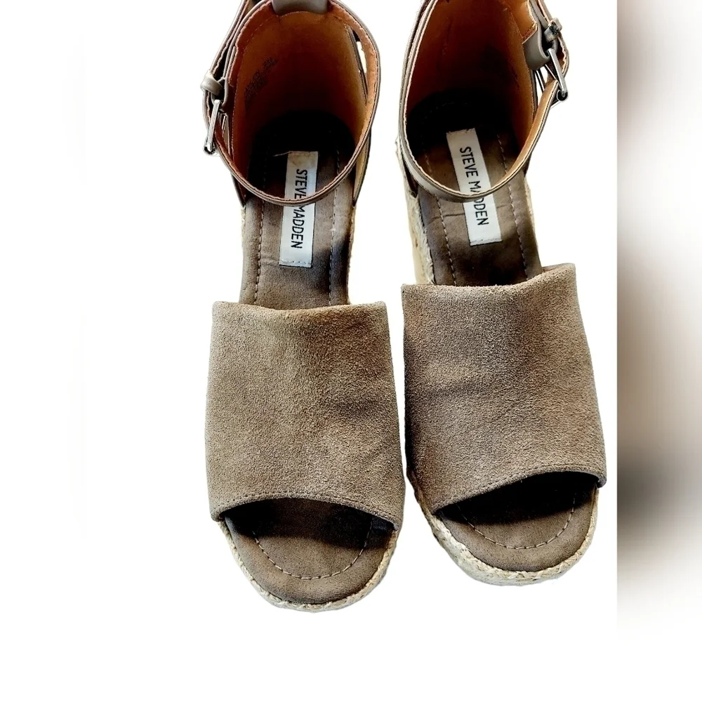 Steve Madden Jaylen Espadrille Suede Leather Wedge Heels Sandals Taupe Size 9
